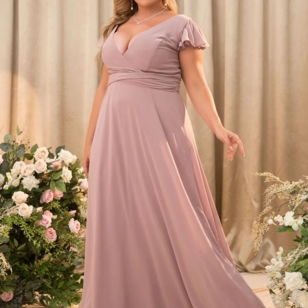 Plus Butterfly Sleeve Plunging Neck Tie Back Chiffon Bridesmaid Dress